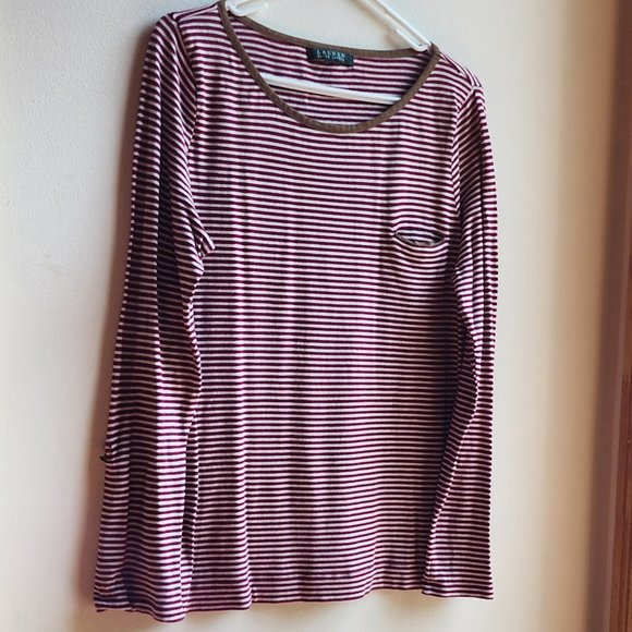 Lauren Ralph Lauren Red/White Pinstriped Scoop Neck Jersey Size Large - Picture 4 of 16